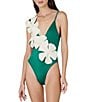 Color:Turquoise - Image 1 - Guayacan Colorblock Large Flower One Piece Swimsuit