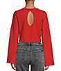Color:Rust - Image 2 - Alize Ribbed Knit Crew Neck Long Bell Sleeve Cropped Boxy Top
