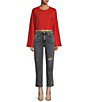 Color:Rust - Image 3 - Alize Ribbed Knit Crew Neck Long Bell Sleeve Cropped Boxy Top