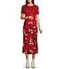 Color:Red Gold - Image 3 - Heart Beat Floral Print Bias Cut Side Slit Pull-On Pencil Skirt