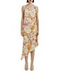 Color:Wall Floral - Image 1 - Andy Floral Print Halter Neck Sleeveless Beaded Strap Asymmetrical Hem Midi Dress