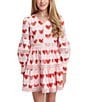 Color:Pink - Image 4 - Big Girls 7-16 Balloon-Sleeve Heart Printed Venise Broderie Mini Dress