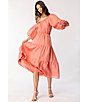 Color:Coral - Image 4 - Gianna Off-the-Shoulder Gathered Long Puffed Sleeve Tiered Midi Dress