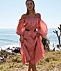 Color:Coral - Image 6 - Gianna Off-the-Shoulder Gathered Long Puffed Sleeve Tiered Midi Dress