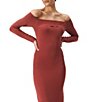Color:Chestnut - Image 3 - Laina Long Sleeve Off-the-Shoulder Rib Knit Bodycon Midi Dress