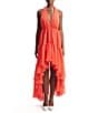 Bardot Leona Halter V-Neck Sleeveless Ruffle High-Low Hem A-Line Maxi Dress, Color:Fire Red - Image 1