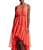 Bardot Leona Halter V-Neck Sleeveless Ruffle High-Low Hem A-Line Maxi Dress, Color:Fire Red - Image 3