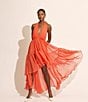Bardot Leona Halter V-Neck Sleeveless Ruffle High-Low Hem A-Line Maxi Dress, Color:Fire Red - Image 4
