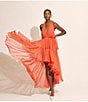 Bardot Leona Halter V-Neck Sleeveless Ruffle High-Low Hem A-Line Maxi Dress, Color:Fire Red - Image 5