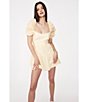 Color:Soft Yellow - Image 5 - Lucy Yellow Hued Geometric Print Cotton Square Neck Short Puffed Sleeve Bow Back Detail Tiered Mini Dress