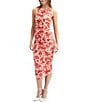 Color:Red Floral - Image 1 - Stretch Floral Mesh Halter Neck Sleeveless Ruched Bodycon Midi Dress