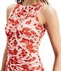 Color:Red Floral - Image 4 - Stretch Floral Mesh Halter Neck Sleeveless Ruched Bodycon Midi Dress