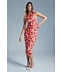 Color:Red Floral - Image 5 - Stretch Floral Mesh Halter Neck Sleeveless Ruched Bodycon Midi Dress