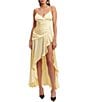 Color:Canary Yellow - Image 1 - V-Neck Spaghetti Strap Thigh-High Slit Asymmetrical Hem Dress