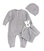 Color:Dark Grey - Image 1 - Baby 3-12 Months CozyChic® Ribbed Coverall, Beanie, & Bear Buddie Blanket 3-Piece Set