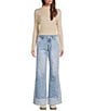 Bayeas Stretch Denim Two Tone Wide Leg Cuffed Hem Jeans, Color:Light Blue - Image 3