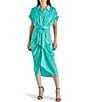 Color:Pastel Turquoise - Image 1 - Tori Satin Point Collar Short Kimono Cuff Sleeve Belted Ruched Front Asymmetrical Hem Midi Shirt Dress