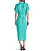 Color:Pastel Turquoise - Image 2 - Tori Satin Point Collar Short Kimono Cuff Sleeve Belted Ruched Front Asymmetrical Hem Midi Shirt Dress