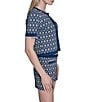 BCBG 2 Piece Medallion Print Knit Button Front Top Micro Short Set, Color:Indigo - Image 3