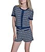 BCBG 2 Piece Medallion Print Knit Button Front Top Micro Short Set, Color:Indigo - Image 4