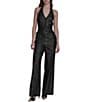 BCBG Faux Snakeskin Foil Halter V-Neck Button Front Two Piece Jumpsuit, Color:Black - Image 1