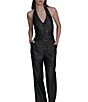 BCBG Faux Snakeskin Foil Halter V-Neck Button Front Two Piece Jumpsuit, Color:Black - Image 4