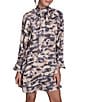 BCBG Hammered Satin Chiffon Printed Mock Neck Long Sleeve Tier Shift Mini Dress - Image 6