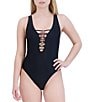 Color:Black - Image 1 - MaxAzria Seduction Solid Plunge V-Neck Lace-Up One Piece Swimsuit