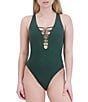 Color:Army - Image 1 - MaxAzria Seduction Solid Plunge V-Neck Lace-Up One Piece Swimsuit