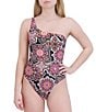 Color:Noir - Image 1 - MaxAzria Sintra Printed One Shoulder Lace-Up One Piece Swimsuit