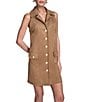 BCBG Notch Collar Sleeveless Flap Pocket Faux Suede Button Front Sheath Dress, Color:Camel - Image 4