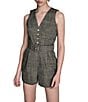 BCBG Plaid V Neck Short Romper, Color:Truffle Multi - Image 4