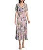 BCBG Chiffon Floral Print Short Puff Sleeve Sheath Midi Dress, Color:Lilac Multi - Image 1