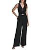 BCBG V-neck Sleevless Button Front Detail Belted Scuba Crepe Jumpsuit, Color:Black - Image 1