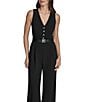 BCBG V-neck Sleevless Button Front Detail Belted Scuba Crepe Jumpsuit, Color:Black - Image 4