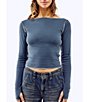 Color:Charcoal - Image 1 - Knit Slash Neck Contrast Stitch Long Sleeve T-Shirt
