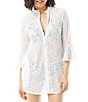 Color:White - Image 1 - Crochet Soleil Vanessa Zip Front Bell Sleeve Swim Cover Up