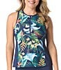 Beach House Midnight Tropical Zip Front Racerback Tankini Swim Top & Solid Blake Adjustable Side Tie Swim Short Bottom - Image 1