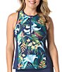 Beach House Midnight Tropical Zip Front Racerback Tankini Swim Top - Image 1