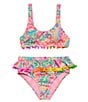 Color:Punch - Image 1 - Big Girls 7-16 Floral-Printed Halter Top & Ruffle-Trim Hipster Bottom Two-Piece Swimsuit