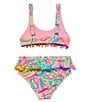 Color:Punch - Image 2 - Big Girls 7-16 Floral-Printed Halter Top & Ruffle-Trim Hipster Bottom Two-Piece Swimsuit