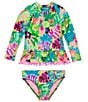 Color:Limetta - Image 1 - Little Girls 2T-7 Bondi Long Sleeve Pom Pom Trim Two Piece Swimsuit