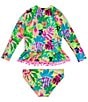 Color:Limetta - Image 2 - Little Girls 2T-7 Bondi Long Sleeve Pom Pom Trim Two Piece Swimsuit