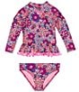 Color:Multi - Image 1 - Little Girls 2T-7 Long Sleeve Pom Pom Trim Two Piece Swimsuit