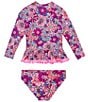 Color:Multi - Image 2 - Little Girls 2T-7 Long Sleeve Pom Pom Trim Two Piece Swimsuit