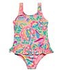 Color:Punch - Image 1 - Little Girls 2T-7 Tropical-Printed Rufle-Detailed One-Piece Swimsuit
