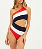 Color:Americana - Image 3 - Joyce Color Block One Shoulder One Piece Swimsuit