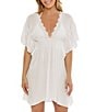 Color:White - Image 1 - Barbados Woven Flutter Sleeve Embroidered Eyelet Scallop Cover-Up Tunic