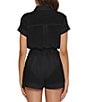 Color:Black - Image 2 - Becca By Rebecca Virtue Cabana Solid Texture Woven Button Front Romper Swim Cover-Up