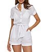 Color:White - Image 1 - Becca By Rebecca Virtue Cabana Solid Texture Woven Button Front Romper Swim Cover-Up